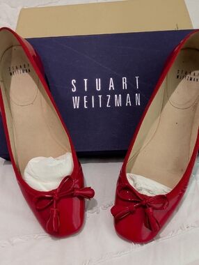 Stuart Weitzman Red Patent Leather Bow Ballet Flats